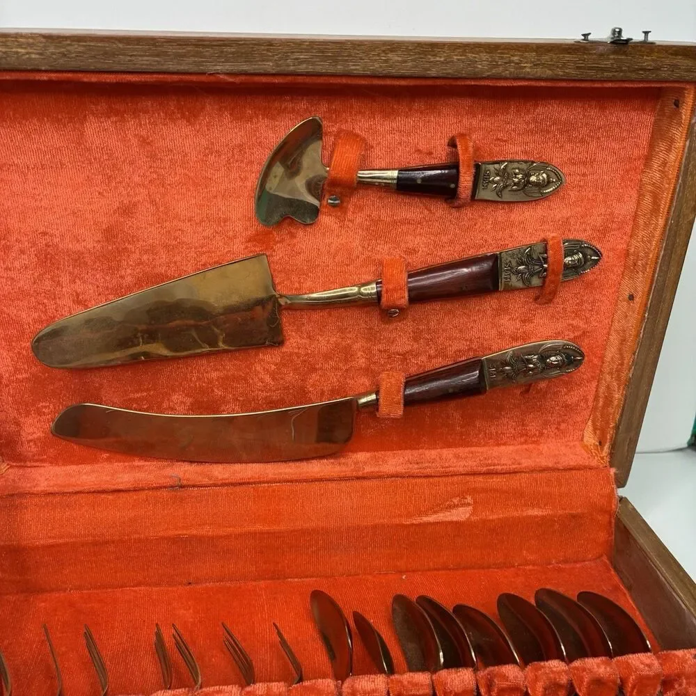 Vintage Thailand Siam Set For 8 Teak Brass Dessert Flatware w/Wooden Case